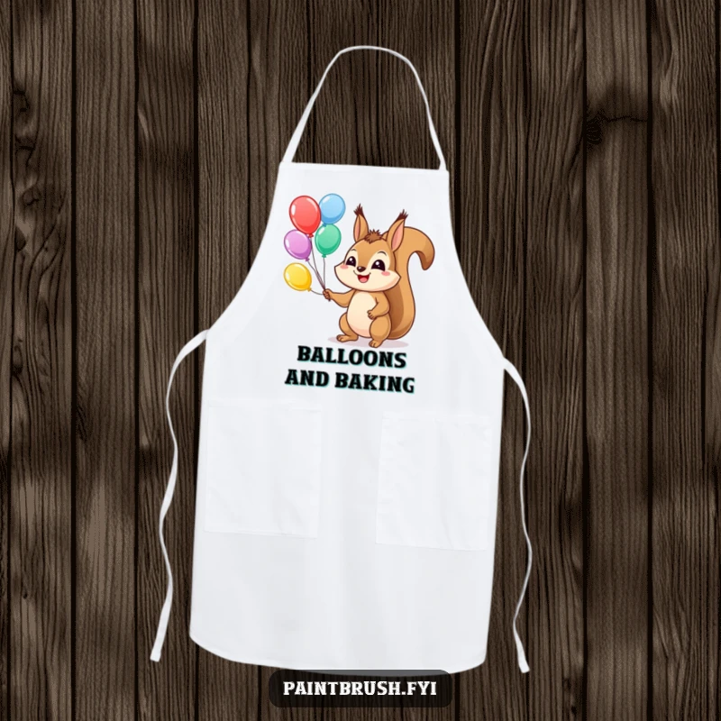 Funny Squirrel Apron depicting a cheerful squirrel juggling colorful balloons, ideal for fun culinary activities.