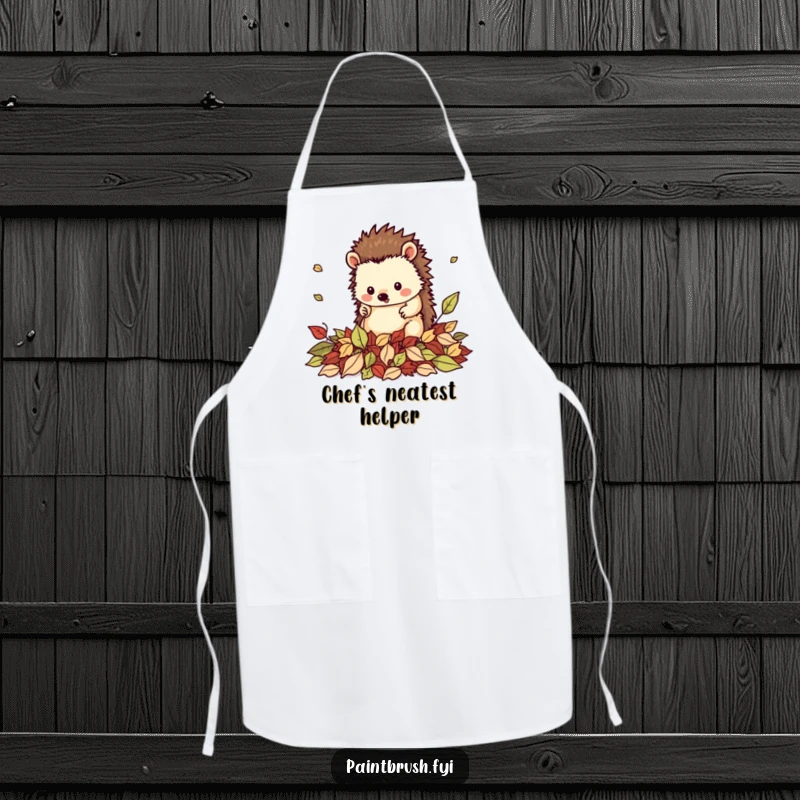 Funny apron with a neat hedgehog character tidying fallen leaves, ideal for kitchen tasks or seasonal crafts.