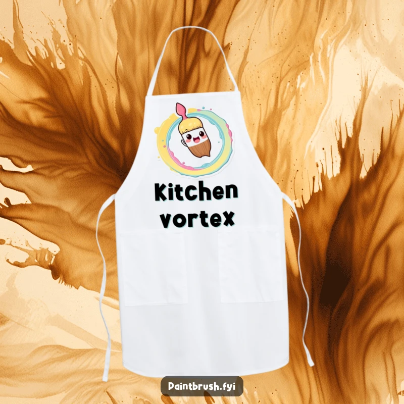 Funny Apron: Paintbrush character enthusiastically splashing paint in a vibrant spiral pattern, a humorous kitchen accessory.