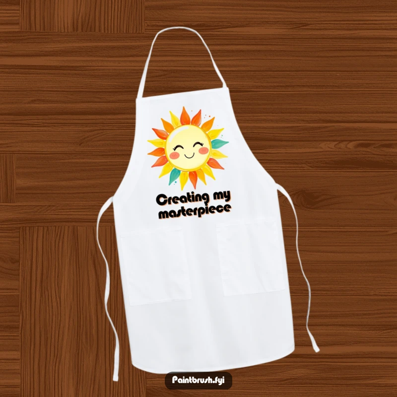 Funny apron showing a paintbrush character painting a smiling sun with vibrant hues, designed for artists and creative individuals.
