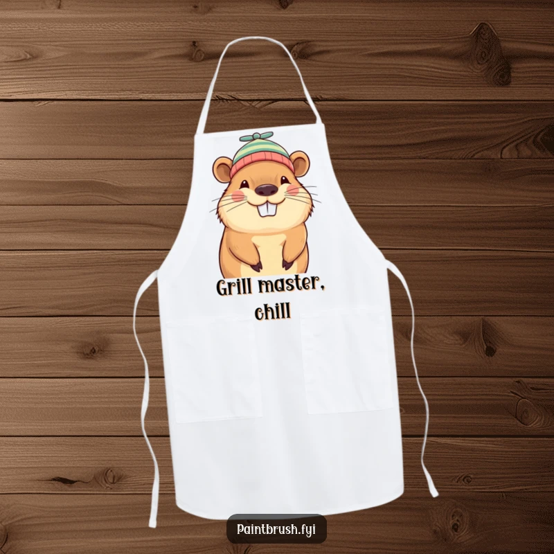 Funny capybara beanie apron, grinning capybara wearing a tiny propeller beanie, perfect for kitchen use and whimsical humor.