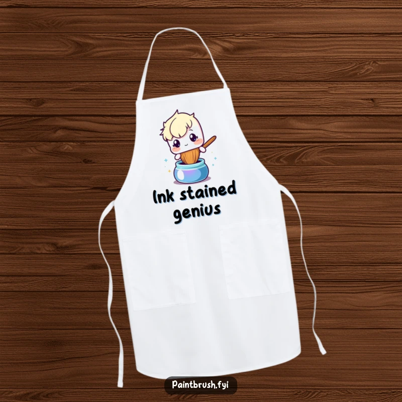 Funny apron showcasing a curious paintbrush character investigating a pot of ink, designed for the messy ink artist.