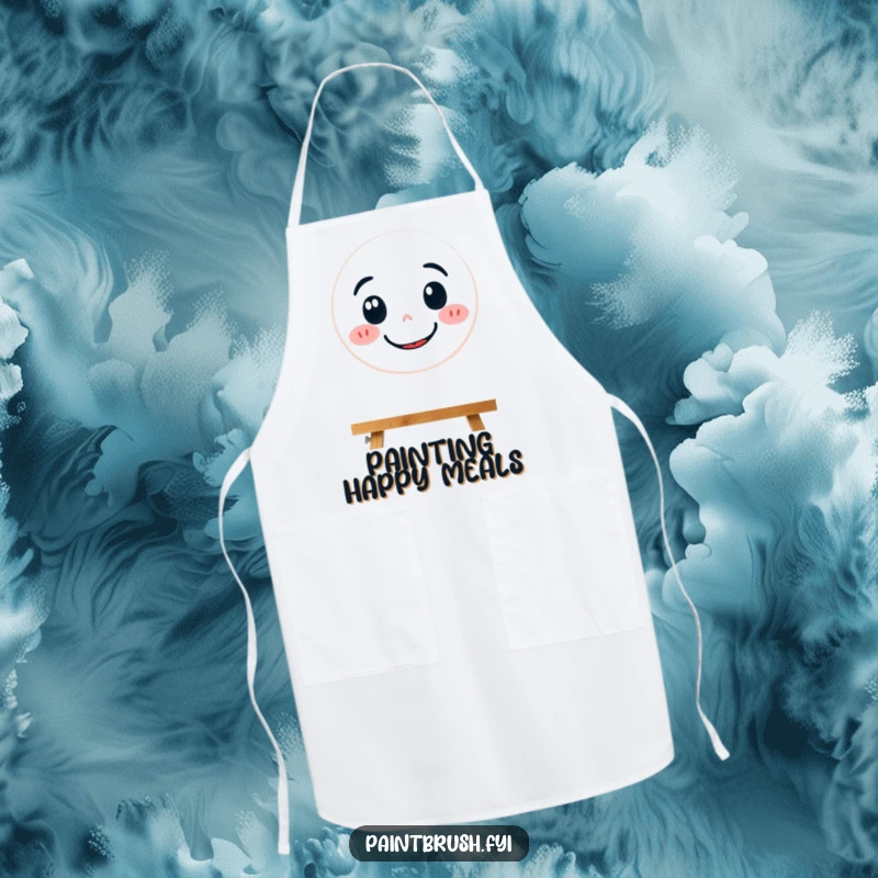 Funny apron with a focused paintbrush character diligently painting a large, beaming smiley face.