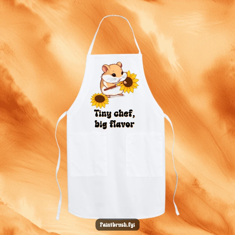 Funny apron showing a curious hamster using a tiny paintbrush to decorate a sunflower seed, great for artists and hobbyists.