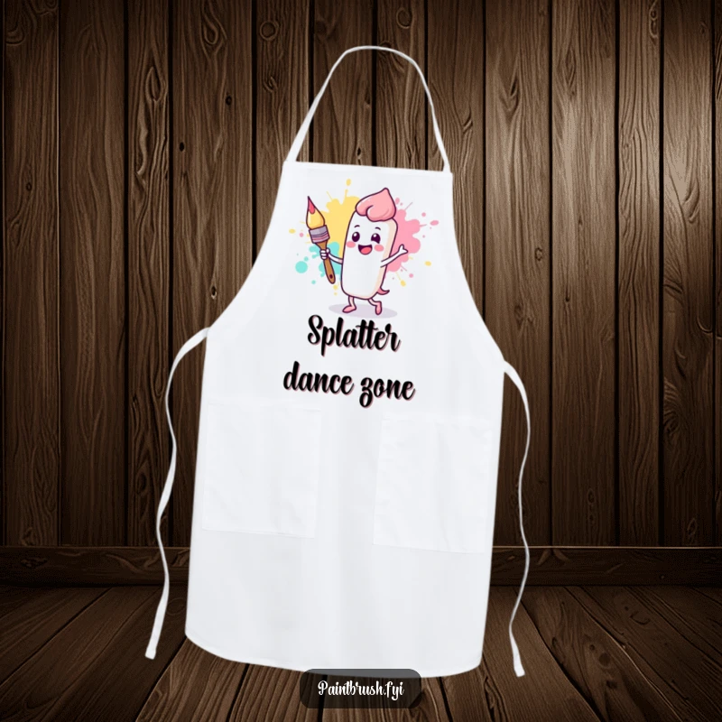 Funny apron with a happy paintbrush character dancing with a paint splotch, ideal for the fun-loving chef.
