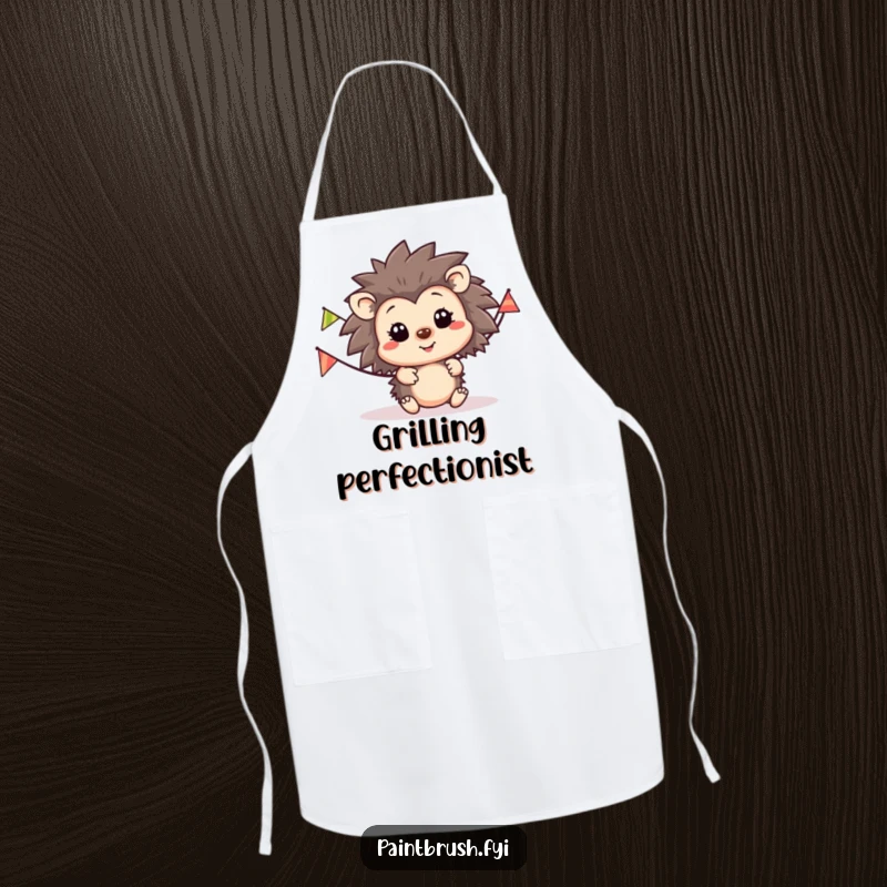 Funny hedgehog party apron, happy hedgehog character with a striped party banner, bringing festive humor to the kitchen.