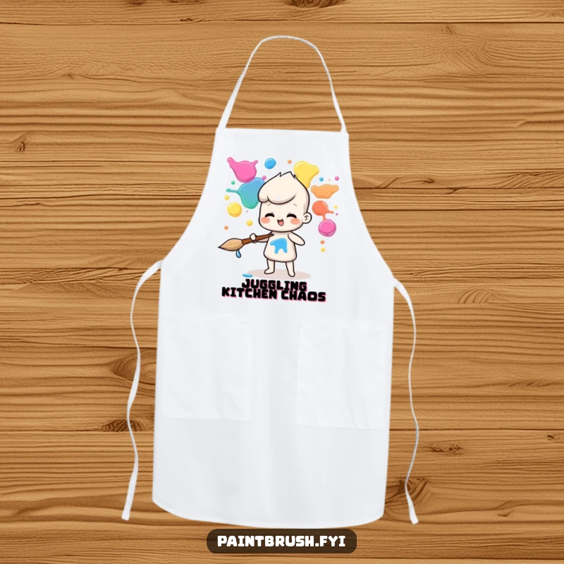 Funny apron displaying a paintbrush character skillfully juggling vibrant paint blobs, ideal for artistic protection.