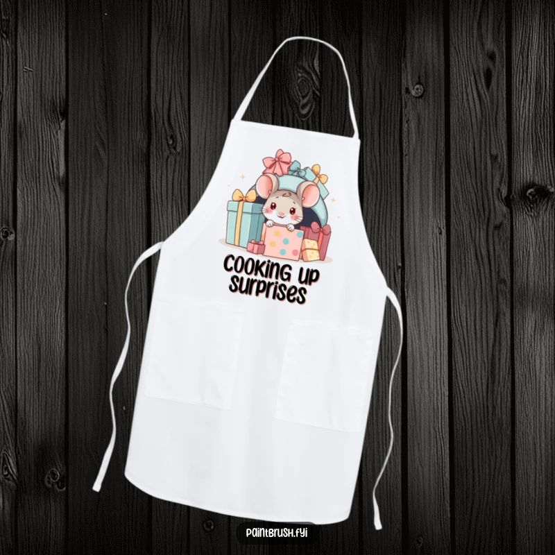 Funny mouse present apron, little mouse peeking from under gifts, perfect for kitchen use and holiday humor.