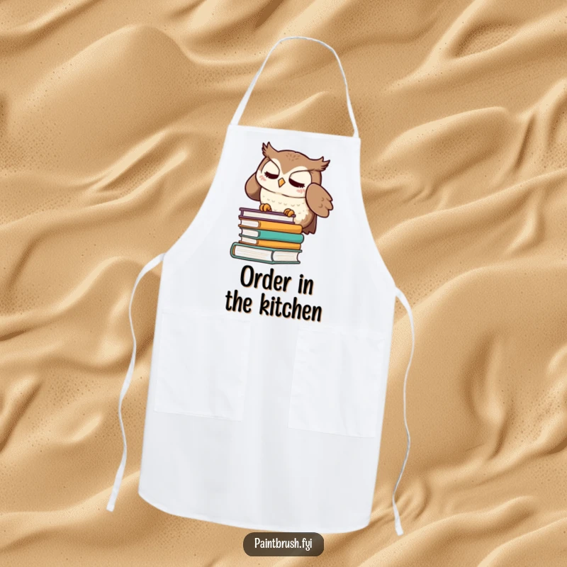 Funny apron with a meticulous owl character organizing books, ideal for cooking or crafting with a sense of order.