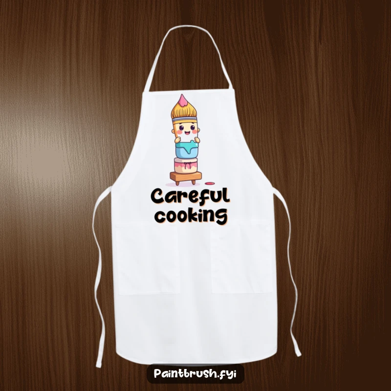 Funny paintbrush apron featuring a character precariously balancing colorful paint pots, perfect for artists managing creative chaos.