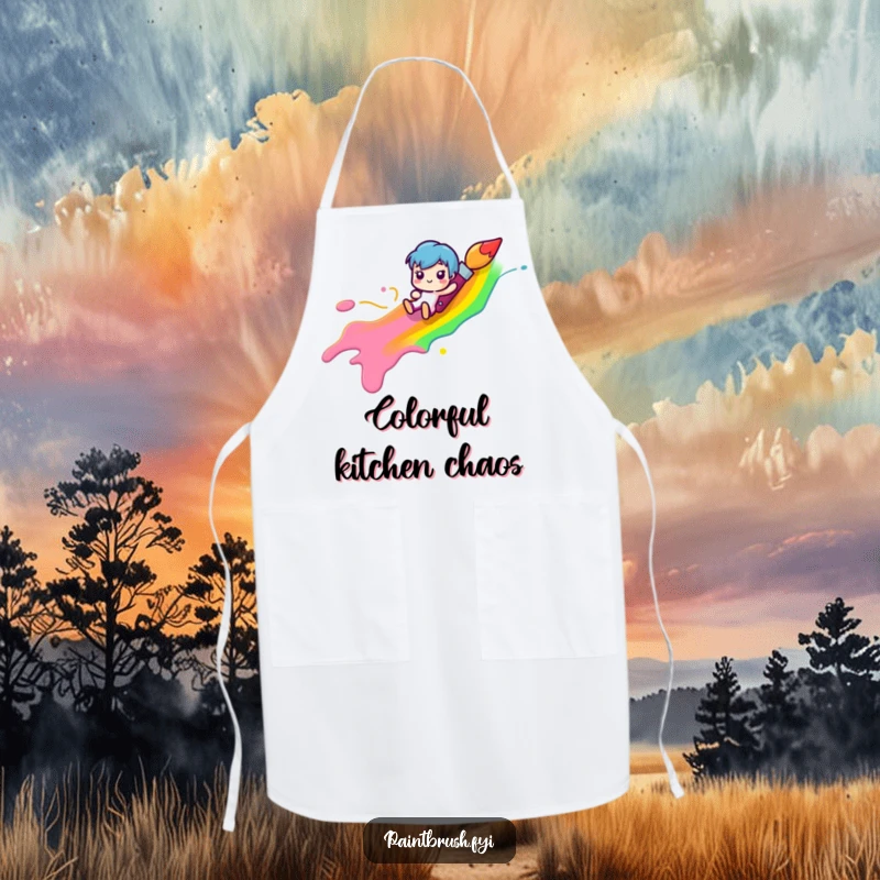 Funny paintbrush character sliding down a rainbow paint streak on an apron, promoting a humorous and funny gift for artists.