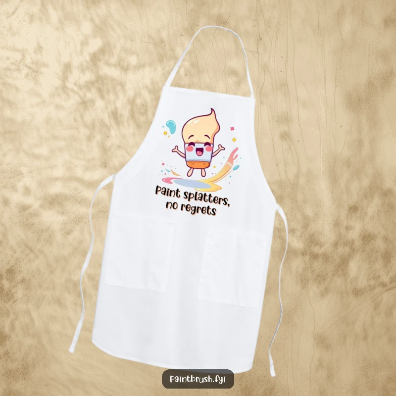 Funny Apron: An excited paintbrush character spinning and creating a trail of glittery paint, artistic and protective.