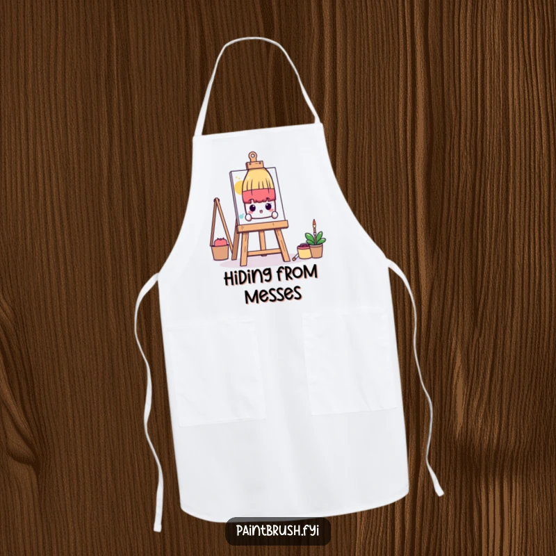 Funny Apron: A shy paintbrush character peeks from behind a large art easel, offering humorous protection for quiet artists.