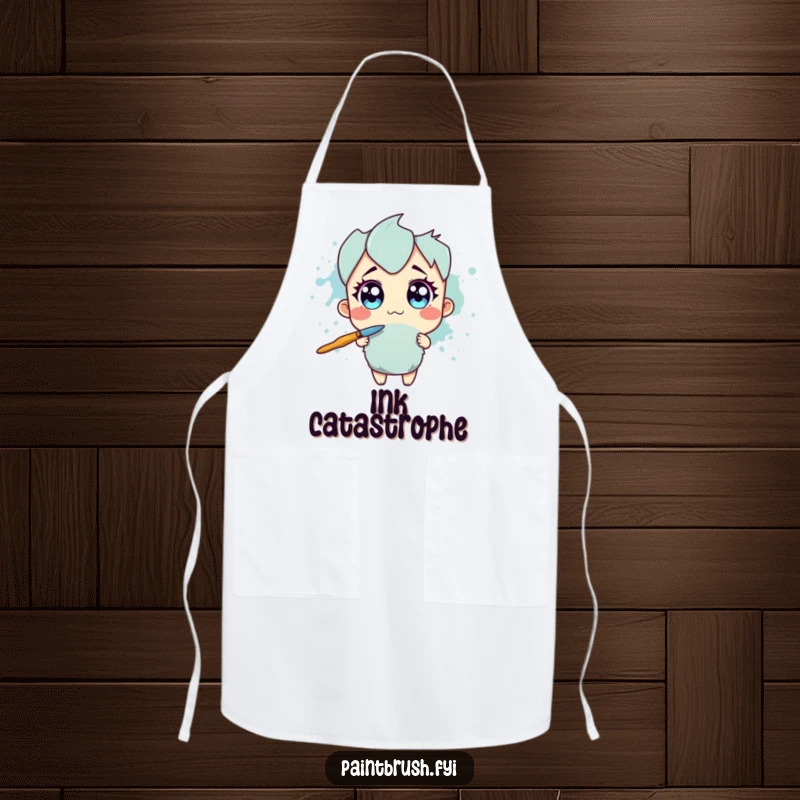Funny Apron: Paintbrush character with wide eyes recoiling from a large ink splotch, a humorous and practical kitchen accessory.