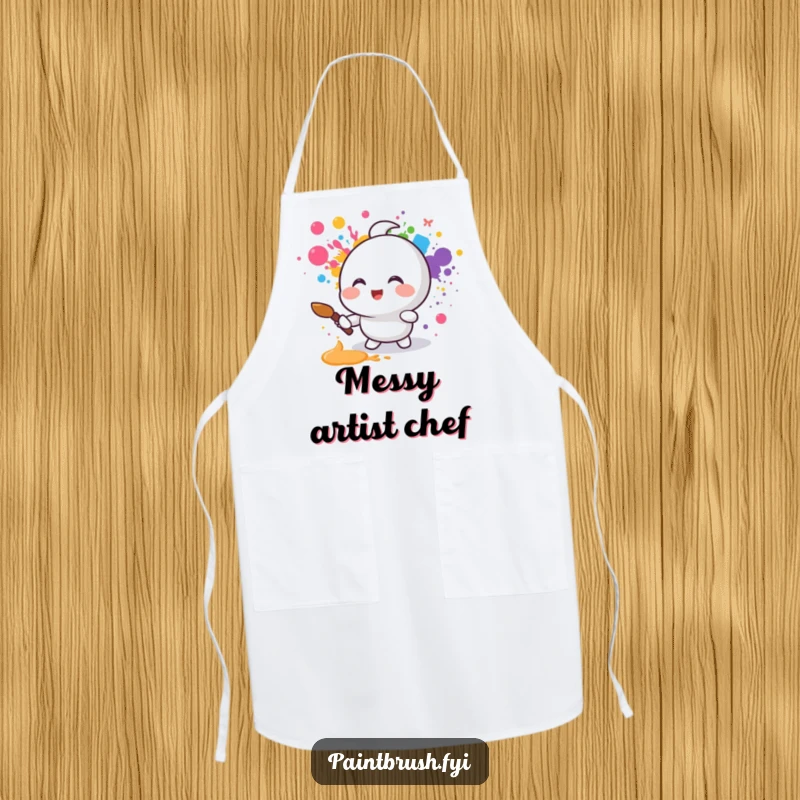Funny apron showing a small round character joyfully splattering rainbow colors with a paintbrush, ideal for protecting artists with vibrant style.