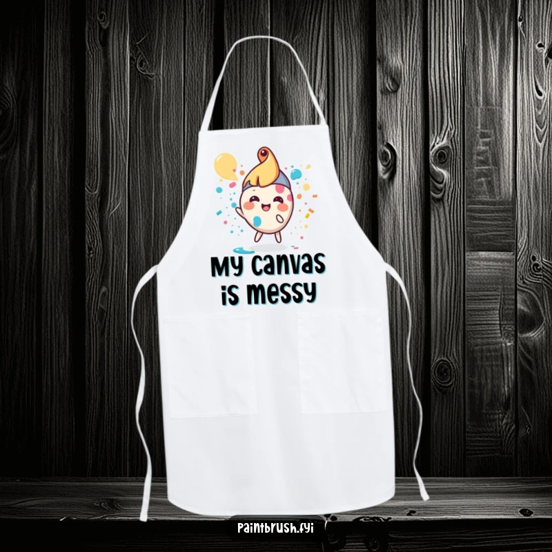 Funny paintbrush apron featuring a small, round character joyfully splattering paint, practical and humorous.