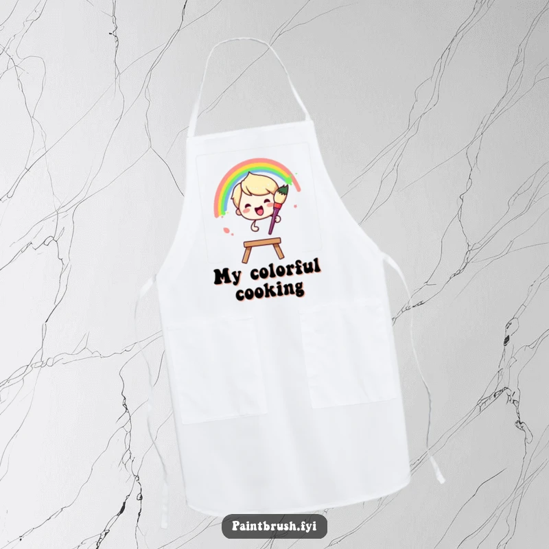 Funny Apron: Paintbrush character joyfully painting a vibrant rainbow arc across a blank canvas, a humorous and practical kitchen accessory.