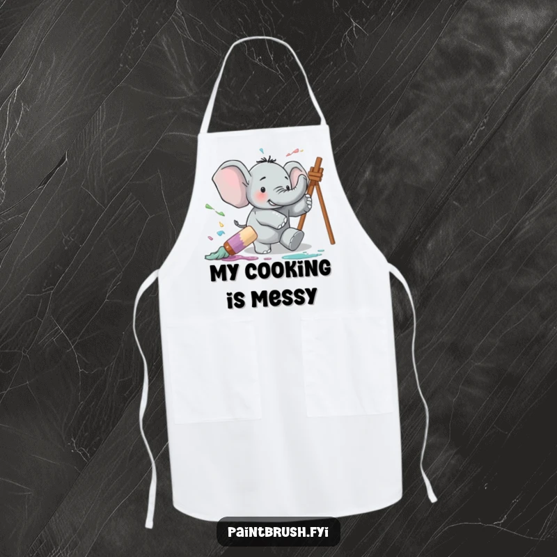 Funny apron showing a clumsy elephant tripping over a giant paintbrush, resulting in a comical explosion of paint, ideal for messy art.