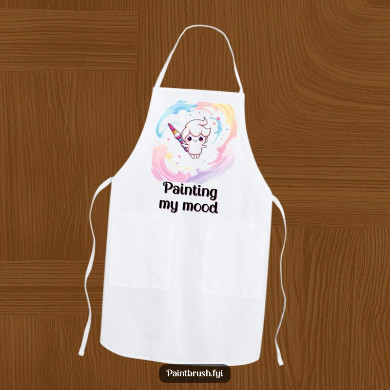 Funny apron adorned with a dreamy paintbrush character floating gracefully amidst artistic paint strokes, ideal for messy creative chefs.