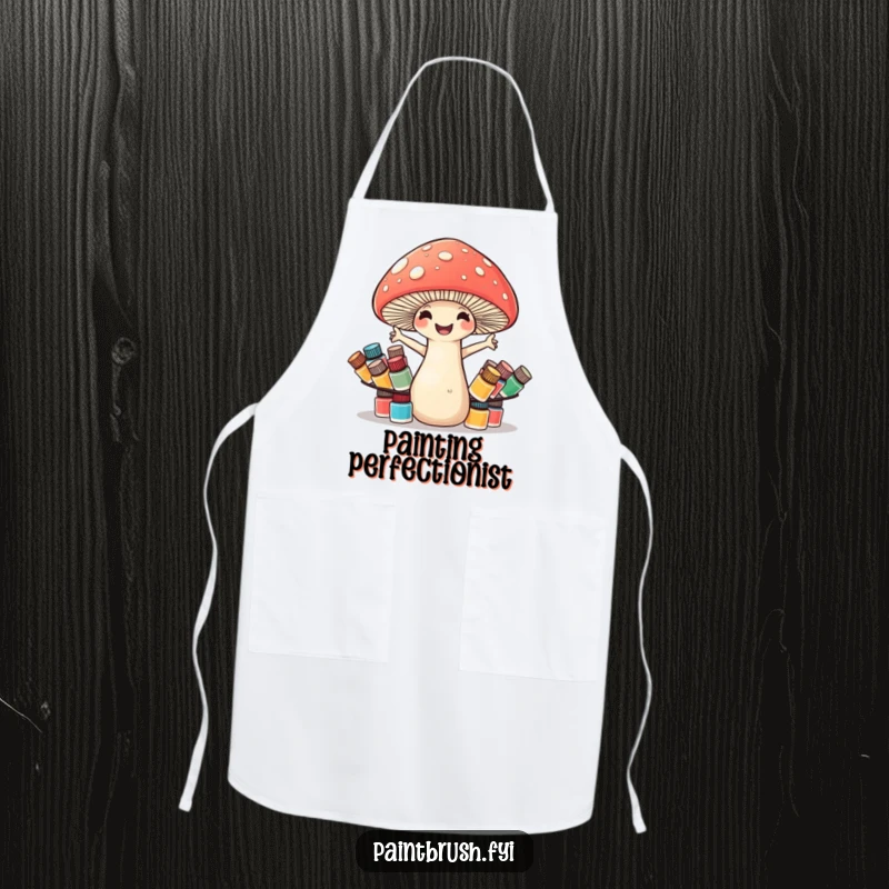 Funny mushroom apron illustrating a cheerful mushroom struggling to balance numerous tiny paint pots, ideal for messy art.