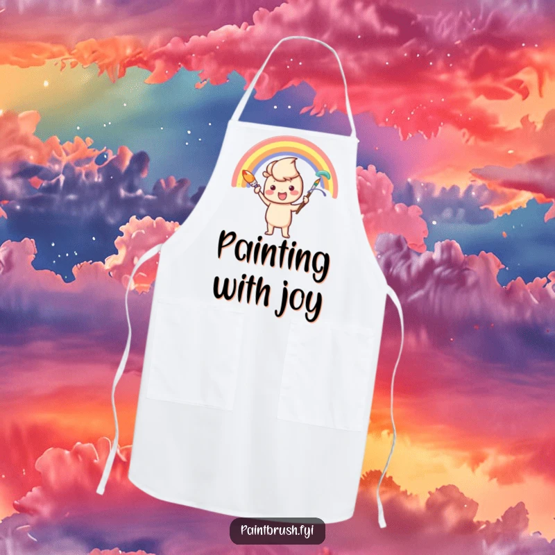 Funny Apron: A paintbrush character enthusiastically painting a rainbow, a cheerful and practical accessory for the creative cook.