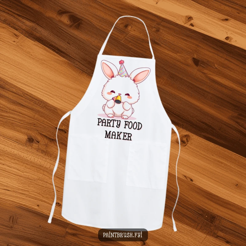 Funny Bunny Apron showing a character in a party hat blowing a noisemaker, ready for festive culinary creations.