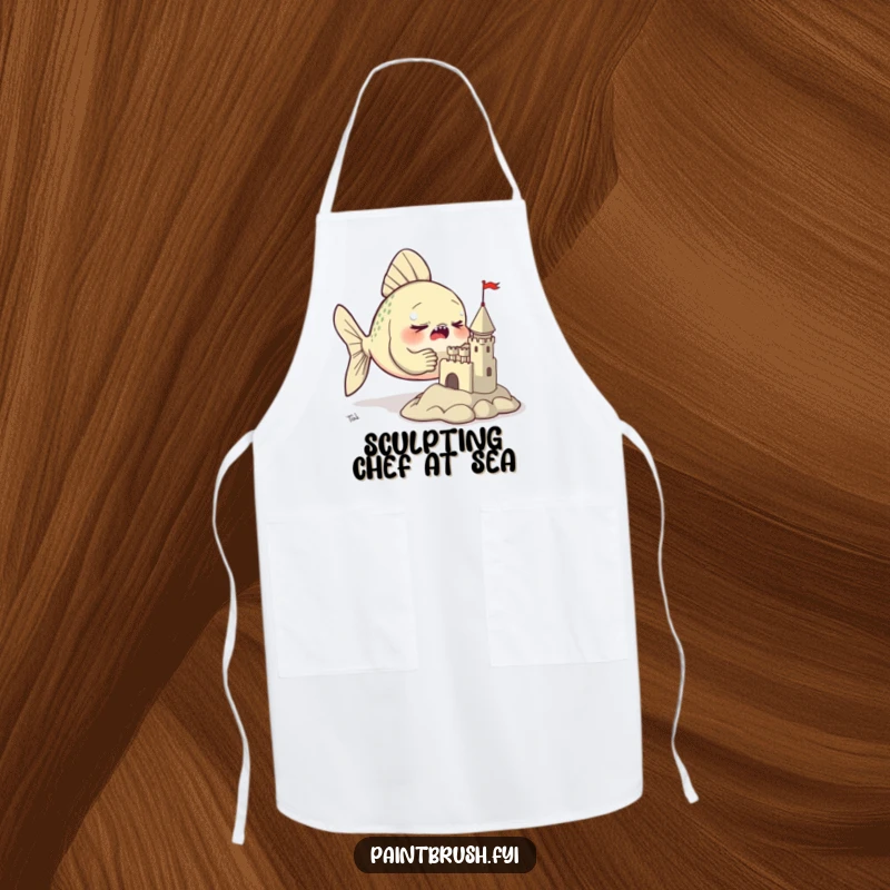 Funny apron showing a determined fish using its fins to sculpt a miniature clay castle, ideal for artists and crafters.