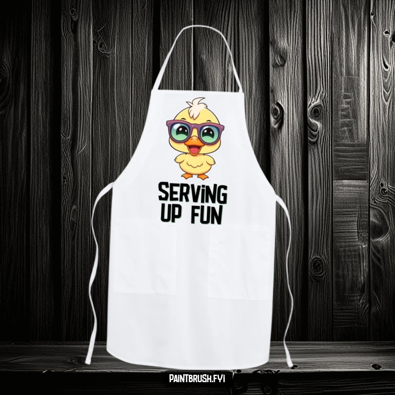 Funny duckling party apron, joyous duckling wearing oversized party glasses, smiling, bringing festive humor to the kitchen.