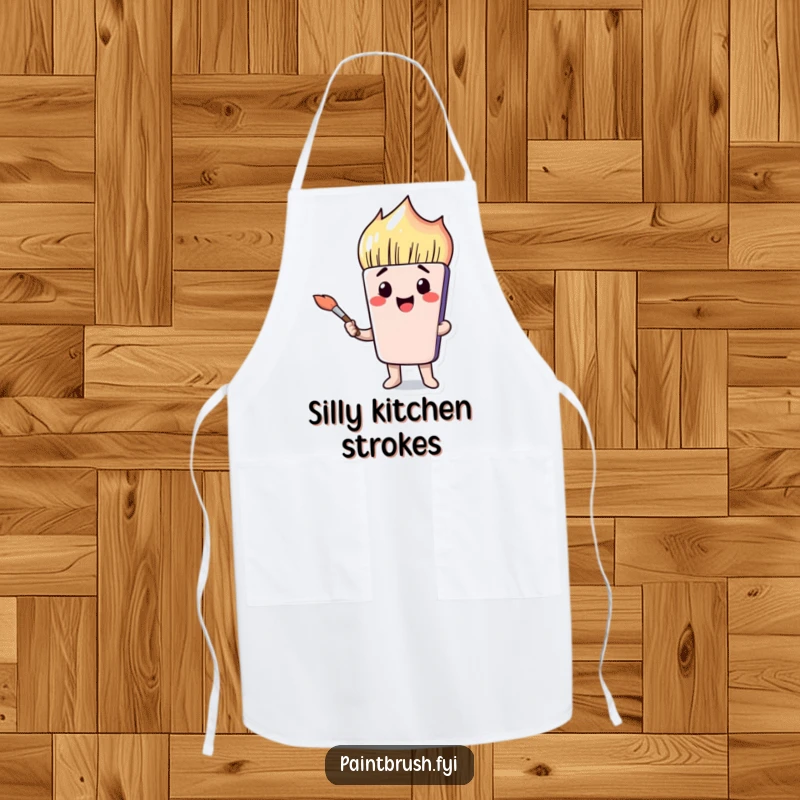 Funny paintbrush character making a silly face while holding a brush on a practical and humorous apron.