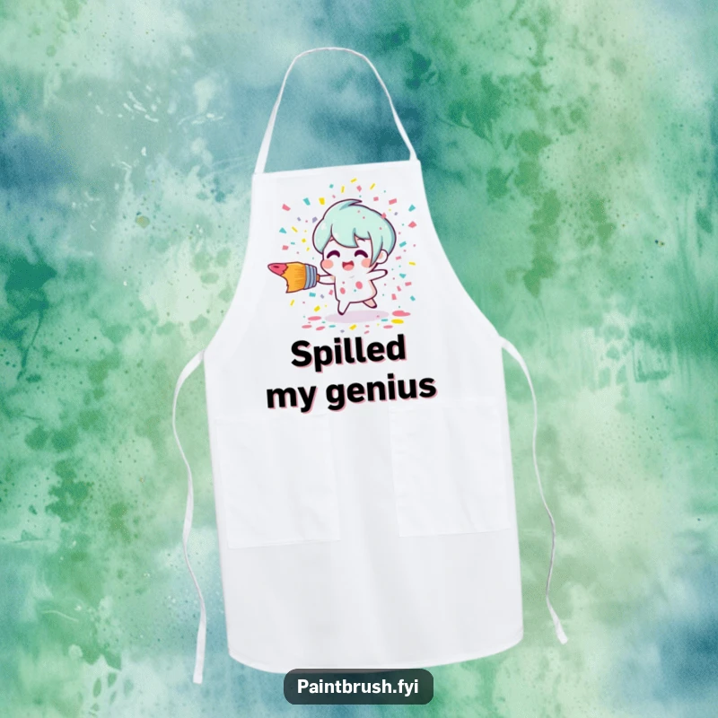 Funny paintbrush character tripping and scattering colorful paint confetti on a practical and humorous kitchen apron.