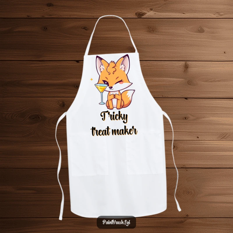 Funny Fox Apron depicting a sly character holding a cocktail and winking, ideal for stylish kitchen endeavors.
