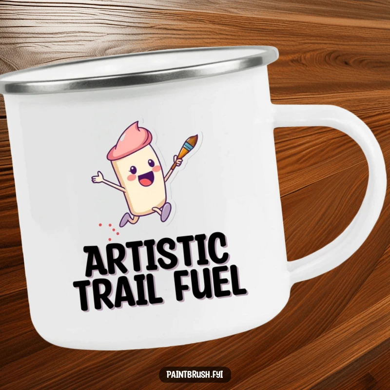 Funny Camping Mug with a tough enamel finish, showing a leaping paintbrush character creating a dotted trail.