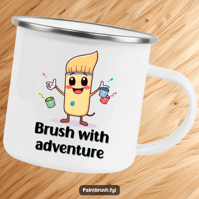 Funny camping mug showcasing a whimsical paintbrush character juggling three small, bouncing paint pots, perfect for outdoor creative sessions.
