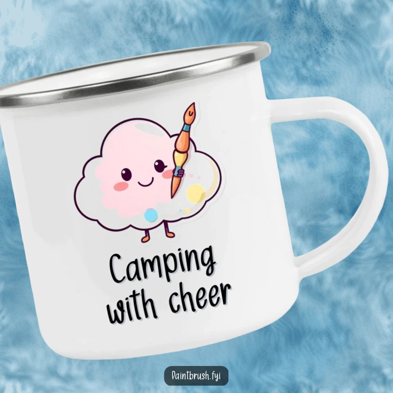 Funny camping mug with a happy paintbrush painting a smiley face on a cloud, perfect for enjoying drinks outdoors with a cheerful spirit.