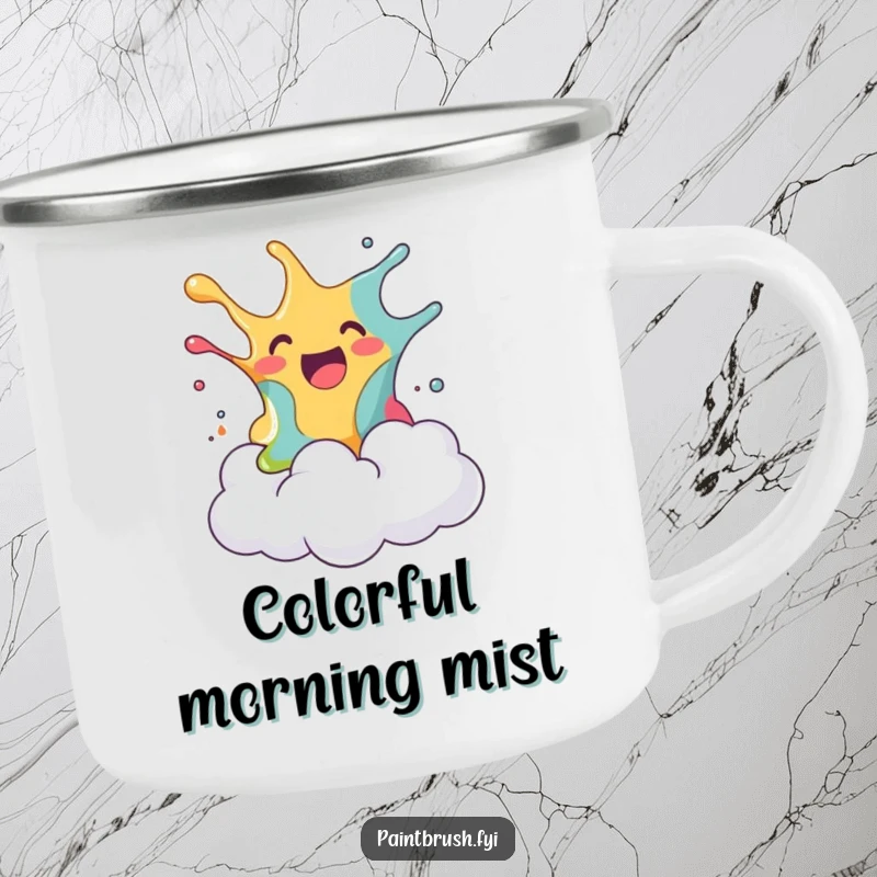 Funny camping mug featuring a blob of paint joyfully splashing onto a surprised fluffy cloud, perfect for outdoor humor and a great funny gift.