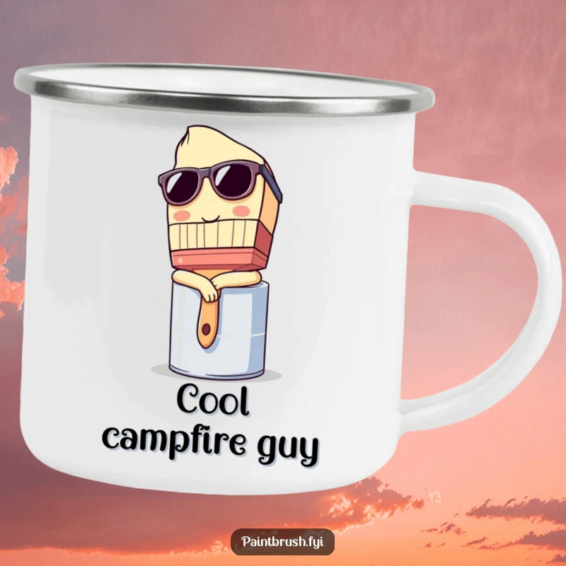 Funny Camping Mug: Paintbrush character wearing sunglasses and leaning casually on a paint can, a humorous outdoor accessory.