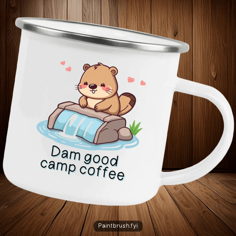 Funny camping mug with a diligent beaver character smoothing the edges of a small dam, durable for outdoor use.