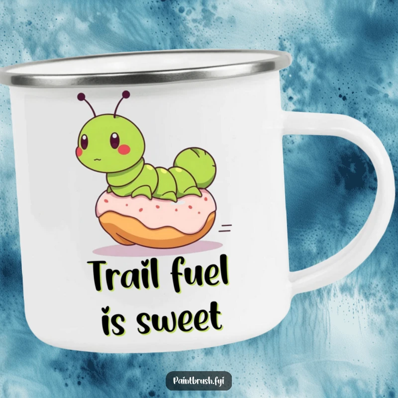 Funny camping mug featuring a determined caterpillar on a runaway donut, perfect for hot beverages during outdoor adventures, bringing a cheerful vibe.