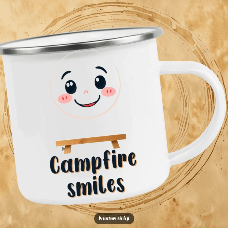 Funny camping mug showing a focused paintbrush character painting a large, happy smiley face, ready for adventure.