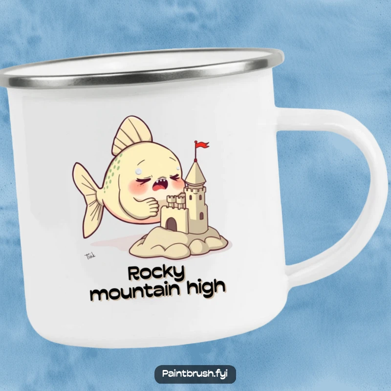 Funny camping mug depicting a determined fish using its fins to sculpt a tiny clay castle, perfect for outdoor art sessions.