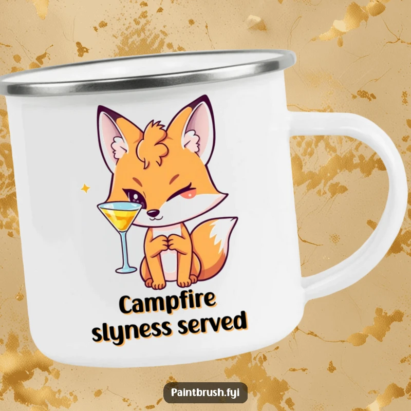 Funny Fox Camping Mug showing a sly character winking with a cocktail, perfect for enjoying drinks outdoors.