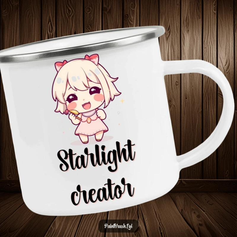 Funny character using a tiny brush to create a speck of glitter, a rugged and humorous camping mug.