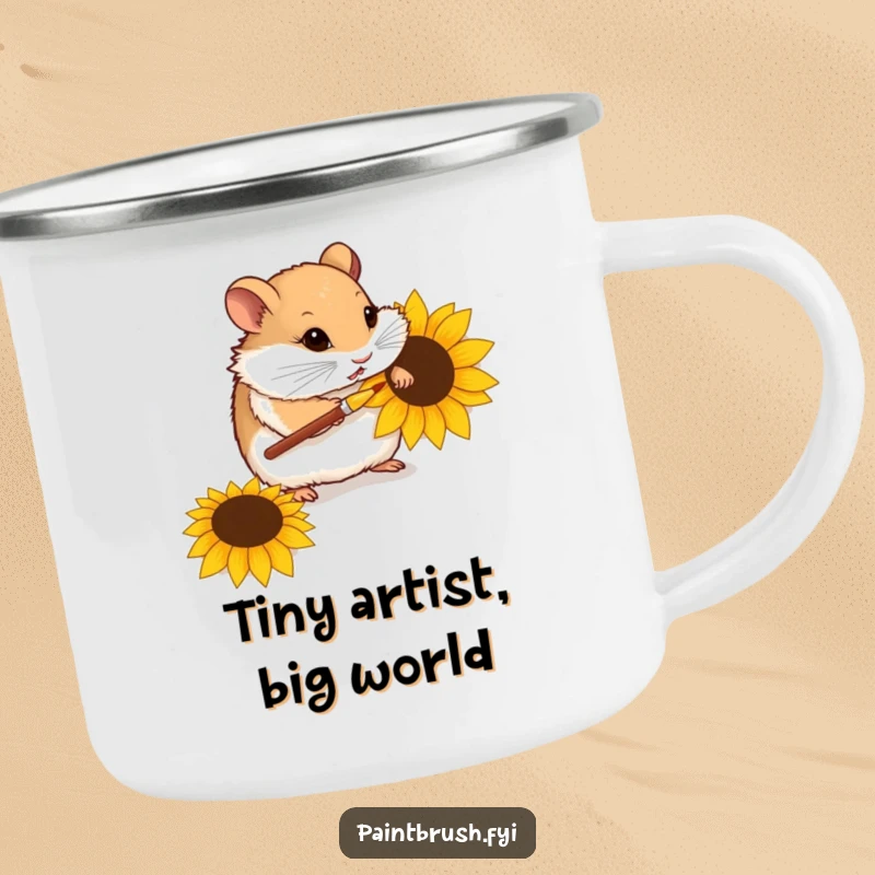 Funny camping mug depicting a curious hamster using a tiny paintbrush to decorate a sunflower seed, perfect for outdoor inspiration.