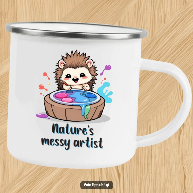 Funny camping mug showing a happy hedgehog artist creating art by rolling in colorful paint palettes, perfect for outdoor fun.