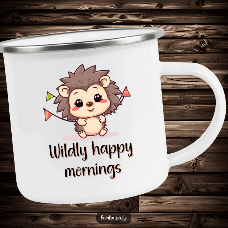 Funny hedgehog party camping mug, happy hedgehog with a striped party banner, perfect for outdoor drinks and fun.