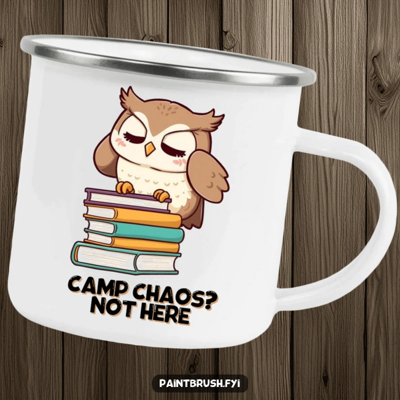 Funny camping mug with a meticulous owl character organizing books, durable for outdoor adventures and coffee breaks.