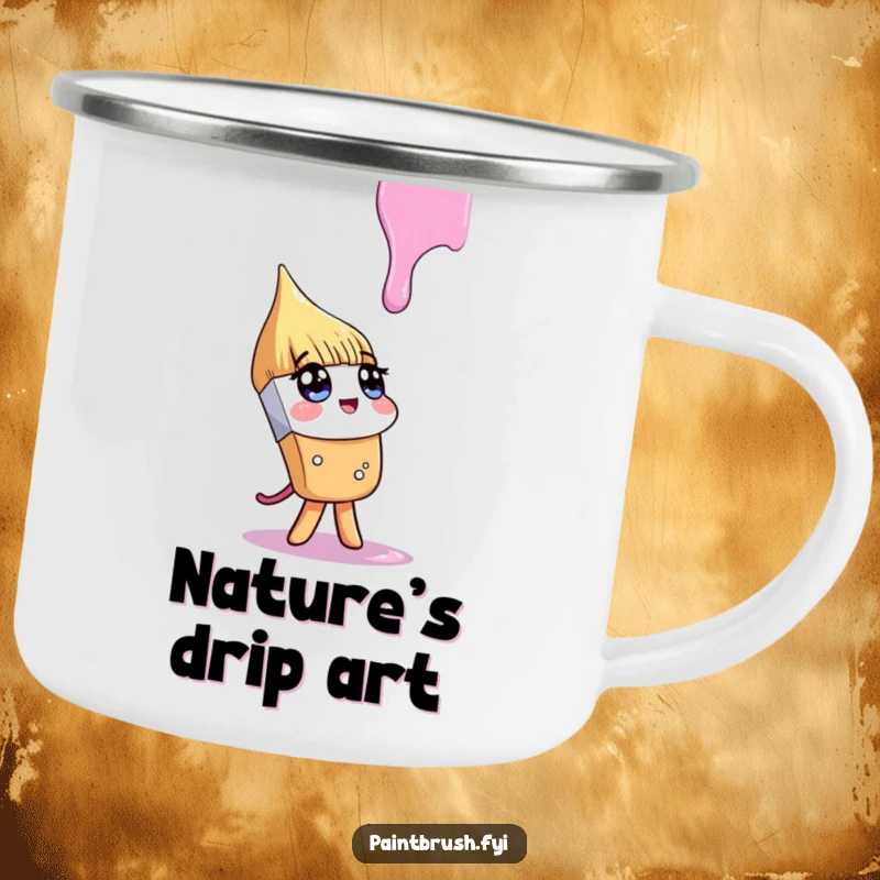 Funny camping mug with a paintbrush character looking up inquisitively at a falling paint drip, perfect for enjoying drinks outdoors with a curious spirit.