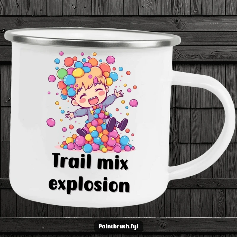 Funny painter character tripping and spilling colorful paint blobs, on a durable camping mug for outdoor use.