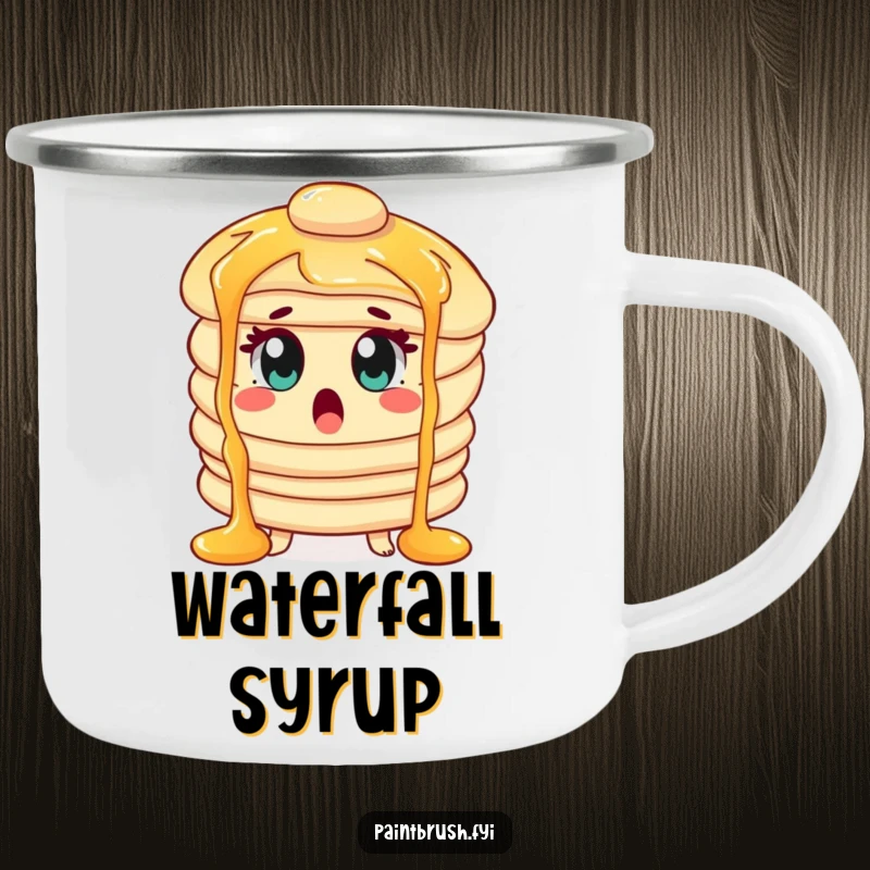 Funny Camping Mug of a surprised pancake character with wide eyes, experiencing syrup waterfalls, perfect for breakfast.