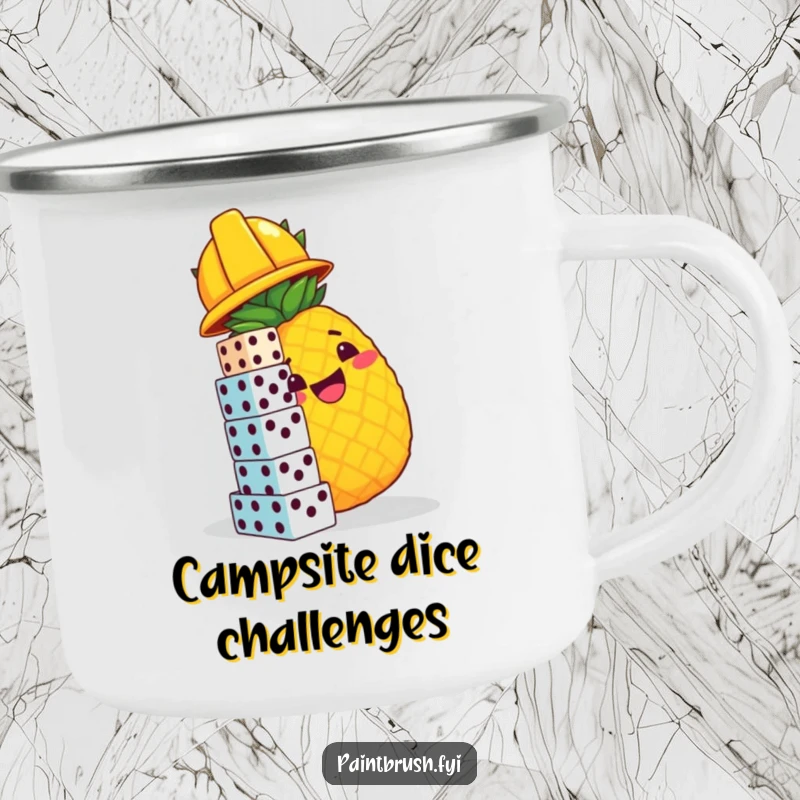 Funny camping mug featuring a pineapple construction worker, perfect for hot beverages during outdoor adventures, bringing a cheerful vibe.